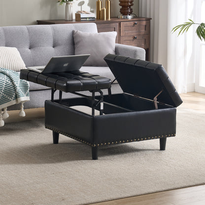 Großer quadratischer Aufbewahrungsstuhl, anhebbare Bank mit Stauraum, geeignet für Wohnzimmer Schlafzimmer Arbeitszimmer gepolsterte Aufbewahrungsbox(Black PU)