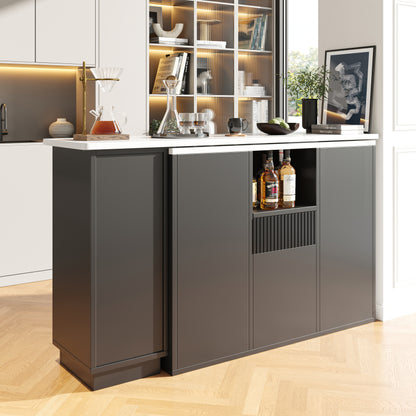 Um 360° drehbarer Bartisch (Hauptkörper 198,5 x 30 x 75 cm), modernes und schlichtes schwarzes Design, mit offenem Stauraum und Marmor-Arbeitsplatte, multifunktionale Aufbewahrungsinsel, geeignet für