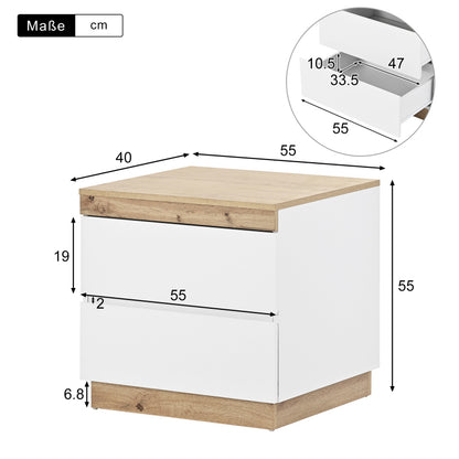 Nachttisch, Nachtschrank mit zwei Schubladen, Nachtkommode, Funktion von Aufbewahrung, für Schlafzimmer, E1-Spanplatte, weiß+oak