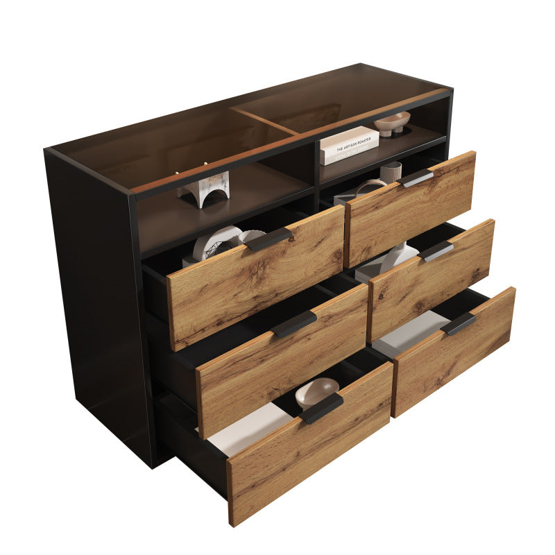 Kommode Sideboard aus Bernstein Glas, Sideboard mit Metallgriffen, Kommode mit 6 Schubladen und 2 Fächern , kippsicher, 120 x 40 x 80 cm, Eiche