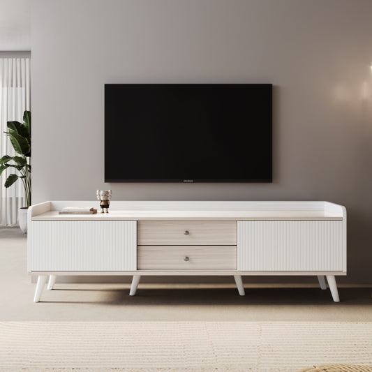 TV-Schrank mit zwei Schubladen, Fernsehtisch TV Board, TV- Lowboard niedrige Platte mit zwei Schiebetüren. Exquisite Textur. Weiß und natürliches Holzfarbe. H58/L160/T40 cm.