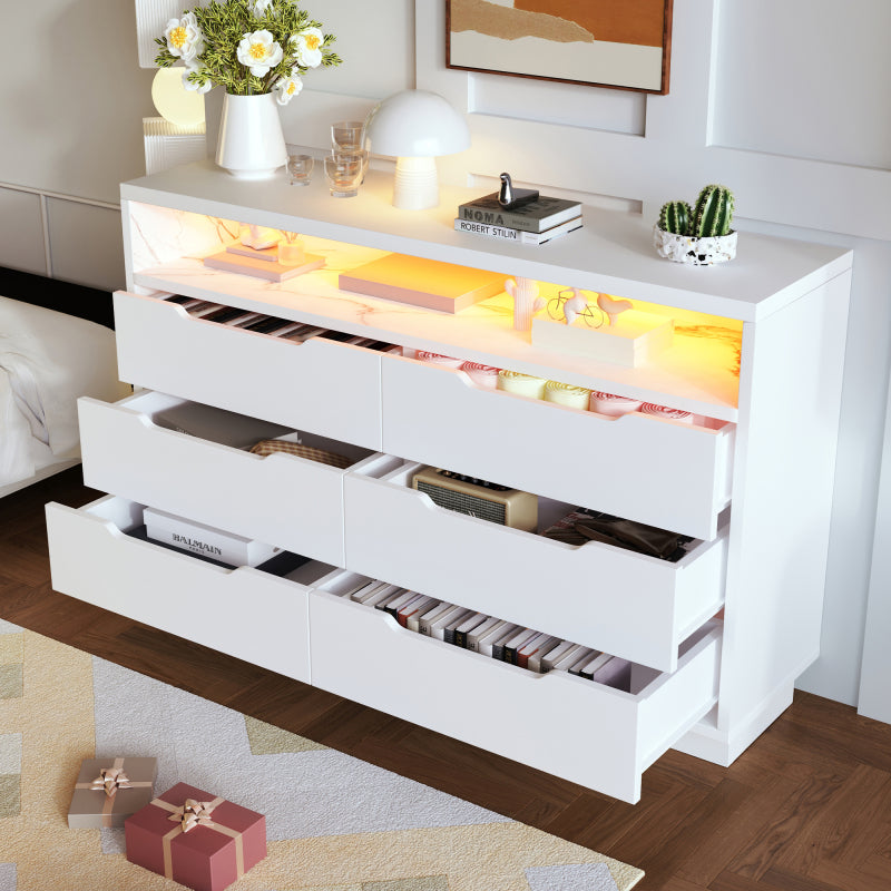 Sideboard, Kommode mit LED-Beleuchtung und 6 Schubladen, Staufach mit Marmorkorn, Moderner Schrank für Wohnzimmer und Schlafzimmer, 120x40x85cm, Weiß