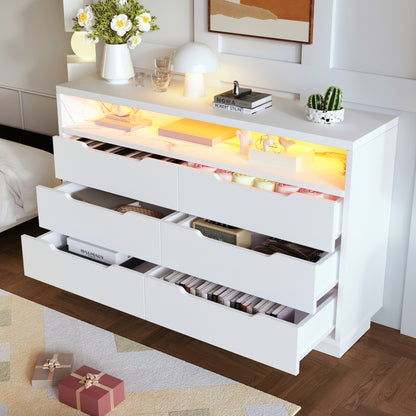 Sideboard, Kommode mit LED-Beleuchtung und 6 Schubladen, Staufach mit Marmorkorn, Moderner Schrank für Wohnzimmer und Schlafzimmer, 120x40x85cm, Weiß