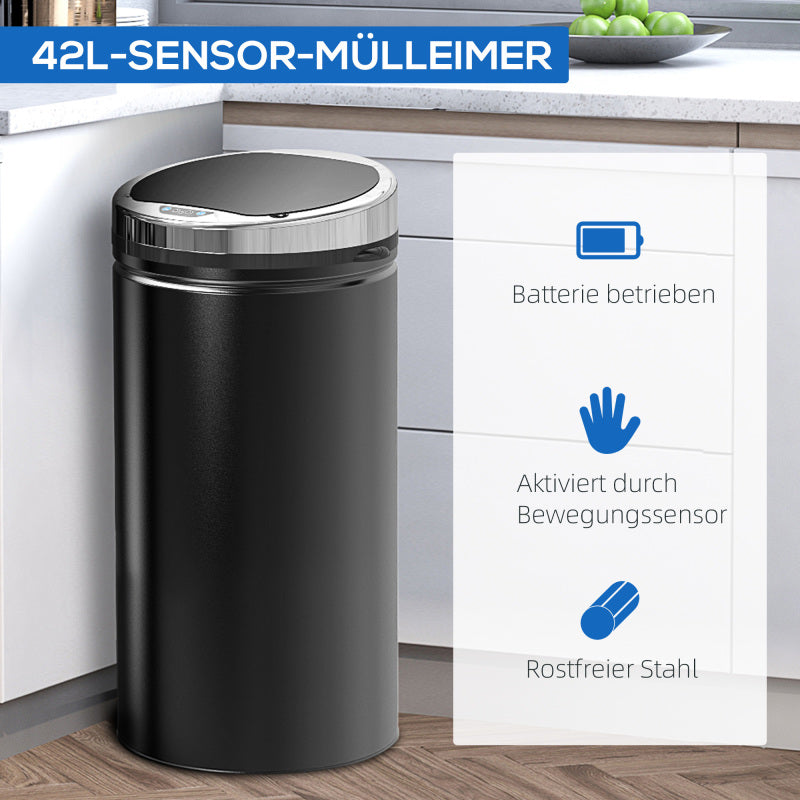 Sensor Mülleimer 42L, Elektrisch Automatischer Abfalleimer mit Deckel, Rostfrei, für Bad, Büro, Küche, Esszimmer, Stahl, Schwarz