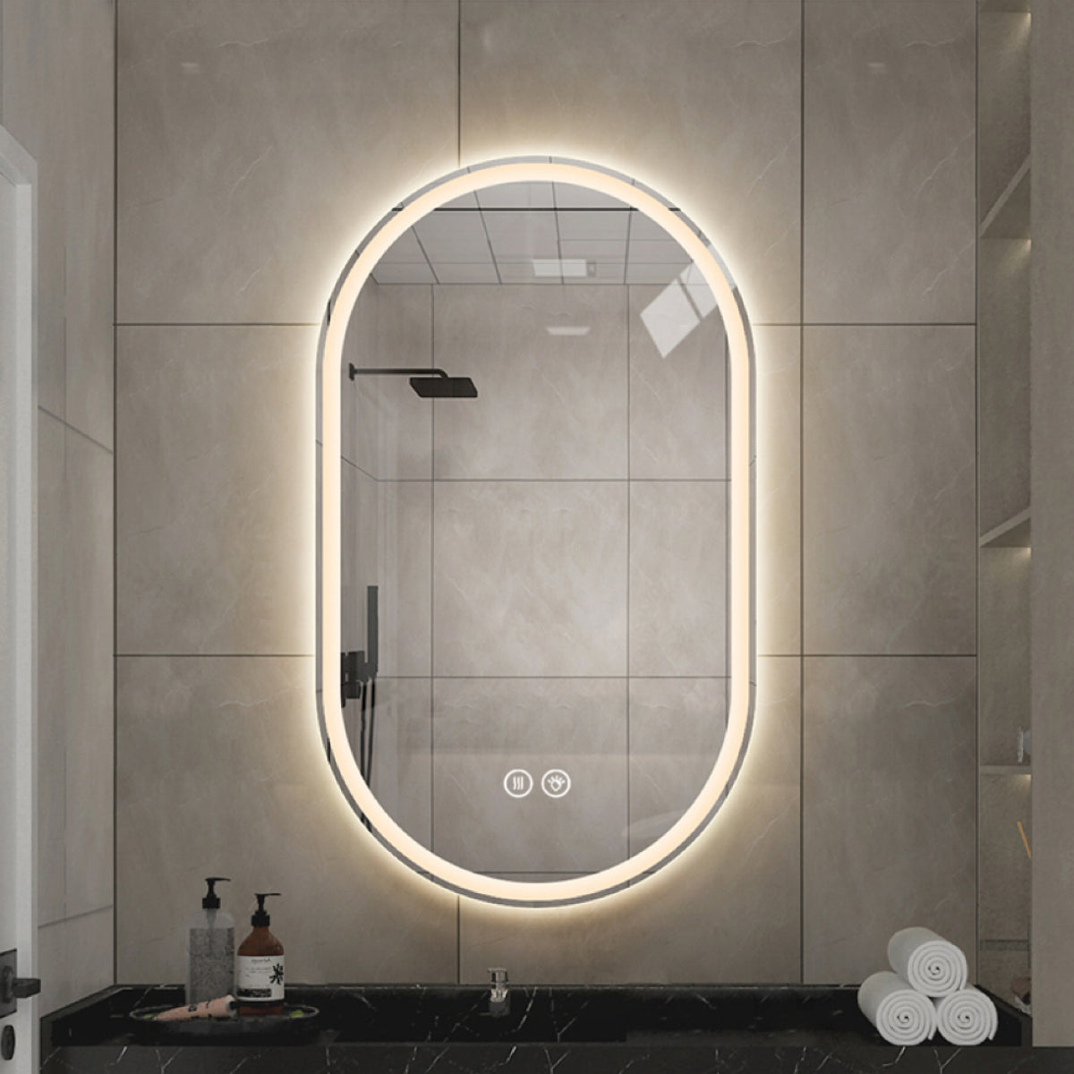 Ovaler LED Badezimmerspiegel 60×90 cm – rahmenlos, dimmbar, Anti-Beschlag, Touchscreen, Wandmontage, Smart Mirror