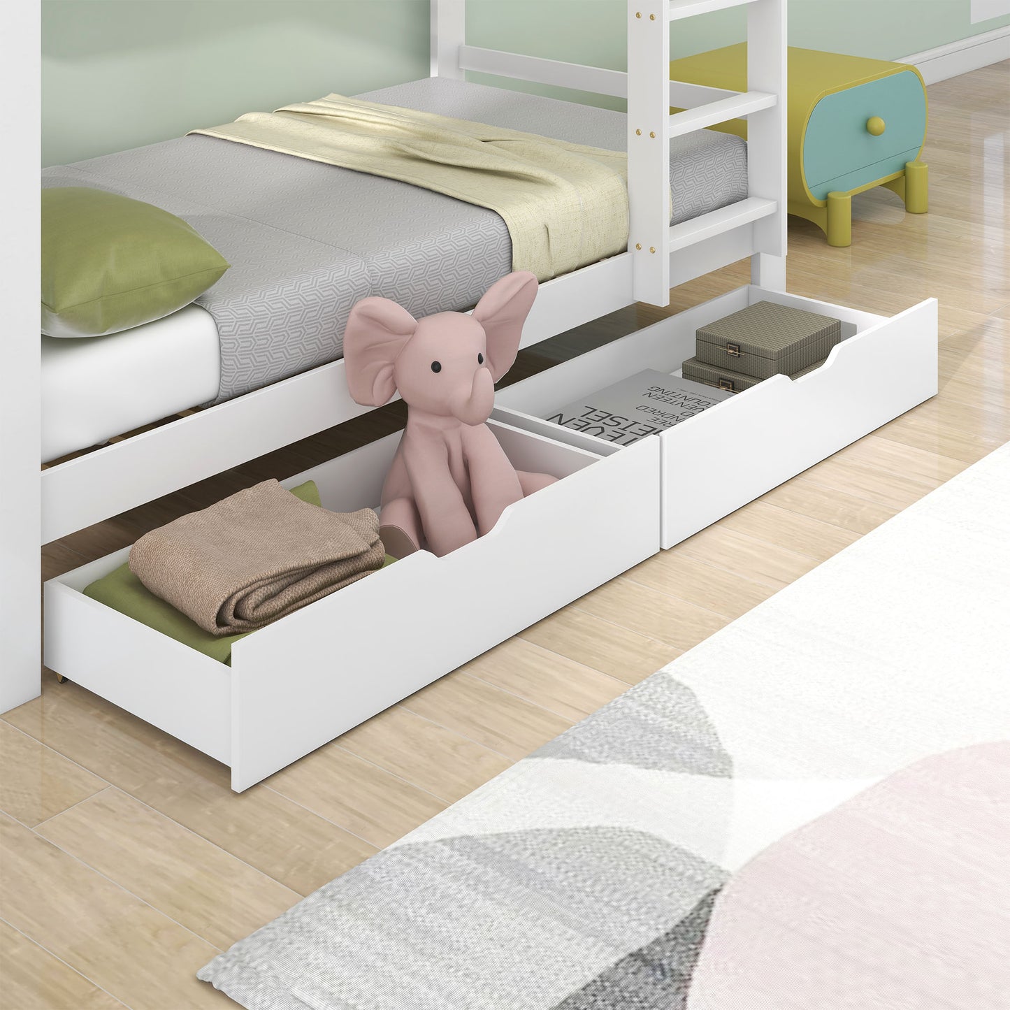 Etagenbett mit Schubladen und Regalen, Hausbett mit dreistufige rechtwinklige Leiter, Kinderbett mit Fallschutz und Gitter, Rahmen aus Kieferholz, Weiß (90x200cm)