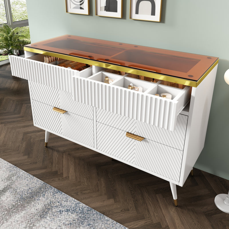 Kommode Sideboard aus Bernstein Glas, Kommode mit 6 Schubladen,Facheinteilung, kippsicher, Hochschrank für Schlafzimmer und alle Wohnräume, 120 x 40 x 76 cm, weiß