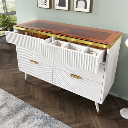 Kommode Sideboard aus Bernstein Glas, Kommode mit 6 Schubladen,Facheinteilung, kippsicher, Hochschrank für Schlafzimmer und alle Wohnräume, 120 x 40 x 76 cm, weiß