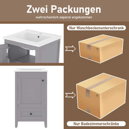 51x46x85cm Bodenstehender Badezimmerschrank mit Waschbe, Waschtisch,komplett lackiert, Türablage, geräuschlose Schublade mit großem Fassungsvermögen, verstellbares Regal, Keramikwaschbecken, Grau