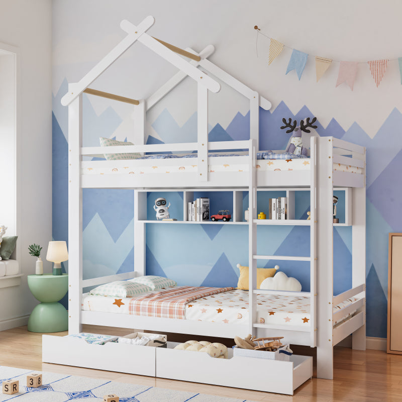 Etagenbett mit Schubladen und Regalen, Hausbett mit dreistufige rechtwinklige Leiter, Kinderbett mit Fallschutz und Gitter, Rahmen aus Kieferholz, Weiß (90x200cm)