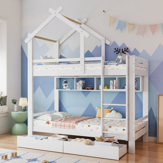 Etagenbett mit Schubladen und Regalen, Hausbett mit dreistufige rechtwinklige Leiter, Kinderbett mit Fallschutz und Gitter, Rahmen aus Kieferholz, Weiß (90x200cm)