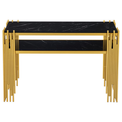 Mid-Century Modern Wohnzimmer Beistelltisch, Konsolentisch, Schwarzer Korpus mit goldenen Beinen, Doppelschicht MDF, Belastbarkeit bis 40 kg