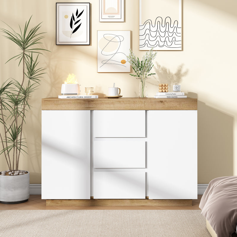 Kommode mit 3 Schubladen und 2 Türen, Schließfach,Funktion von Aufbewahrung, für Schlafzimmer und Wohnzimmer, E1-Spanplatte, weiß+oak