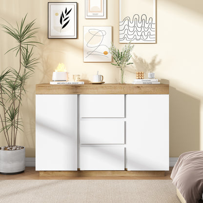 Kommode mit 3 Schubladen und 2 Türen, Schließfach,Funktion von Aufbewahrung, für Schlafzimmer und Wohnzimmer, E1-Spanplatte, weiß+oak
