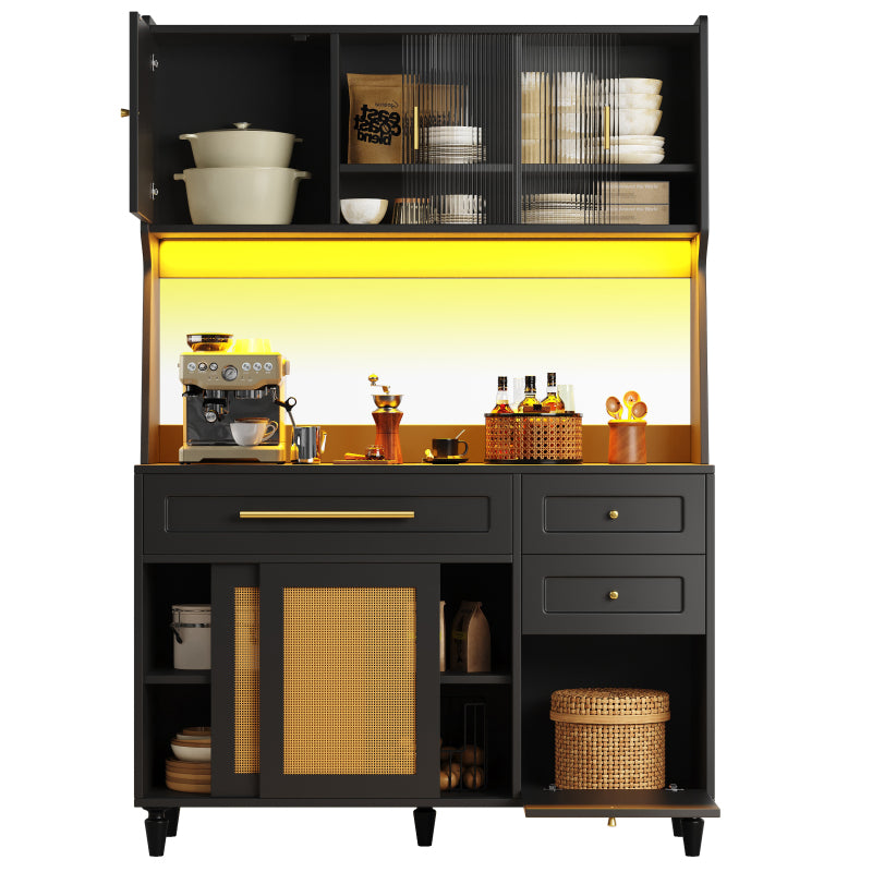 Küchenschrank, Esszimmerschrank mit 3 Schubladen,Sideboard mit LED-Beleuchtung, PE-rattan, schwarz