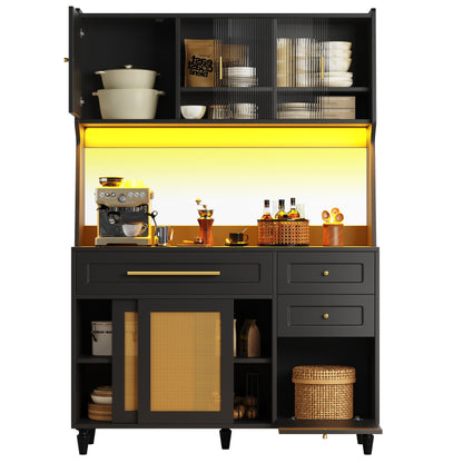 Küchenschrank, Esszimmerschrank mit 3 Schubladen,Sideboard mit LED-Beleuchtung, PE-rattan, schwarz