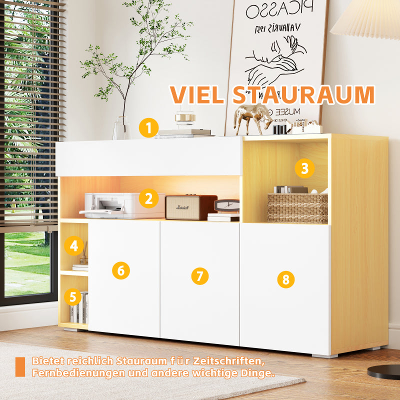 LED Sideboard Breite 140cm, Multifunktionales Sideboard,Kommode, Highboard , Luxuriöses Sideboard für Wohnzimmer, Eckschrank für Flur, Schrank für Schlafzimmer, Weiß und Eiche