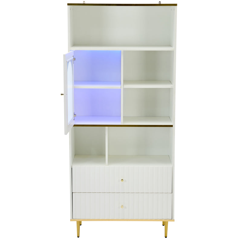 Weißes Bücherregal mit LED-beleuchteten Vitrinen, Glasfronten, 5 offenen Fächern und 2 Schubladen