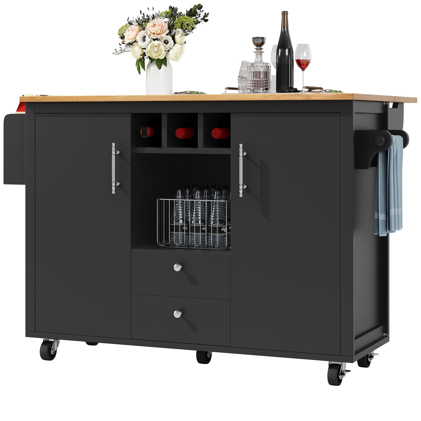 Kücheninsel Buffetschrank 120x73x92cm Küchenwagen klappbare Arbeitsplatte Handtuchhalter Gewürzregal Weinregal verstellbare Böden Küchenschrank Schwarz