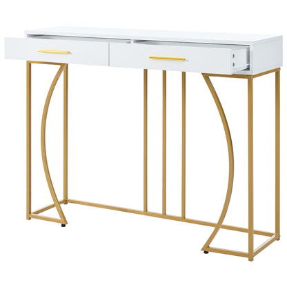 Konsolentisch,Flurtisch mit 2 Schublade ,Leichter Luxus-Stil Beistelltisch, Weiß/Gold
