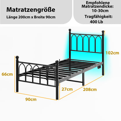 90x200cm Metall Bettrahmen mit Vintage Kopf und Fußplatte, USB-Ladestation, LED-Bettrahmen, Heavy Duty Stahl Slat Unterstützung, Reichweite Unterbett-Speicher, Keine Box-Feder erforderlich, Schwarz