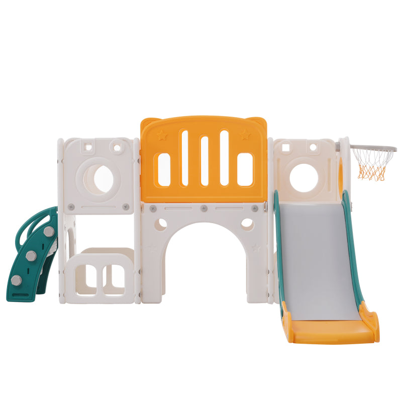 Bären Kinder 6-in-1 Rutsche mit einer Rutsche, zwei Plattformen, zwei Bodenschrankfächern, Basketballkorb und Treppe - Hochdichtes Polyethylen (Ozeanbälle nicht enthalten