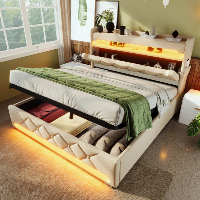 Polsterbett Doppelbett 160*200, Stauraum Kopfteil mit USB und Typ C-Port ,360-Surround-LED-Funktion rund um Kopf- und Fußende des, Betten mit Hydraulisch Stauraum, Beige , Leinen(Ohne Matratze)
