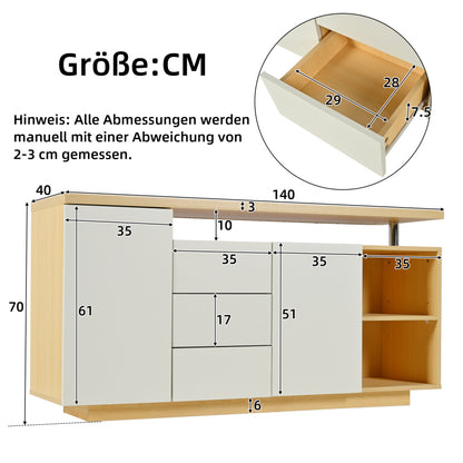 Multifunktionales Sideboard, Länge 140 cm, weiß und Holzimitat - 2 Türen, 3 Schubladen, 2 offene Fächer, mit LED-Beleuchtung