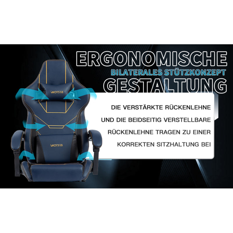 Gaming Stuhl Ergonomisch Gaming Chair Bürostuhl mit Fußstütze Racing Computerstuhl Höhenverstellbar Gepolstert Computerstuhl Lendenwirbelstütze Blau