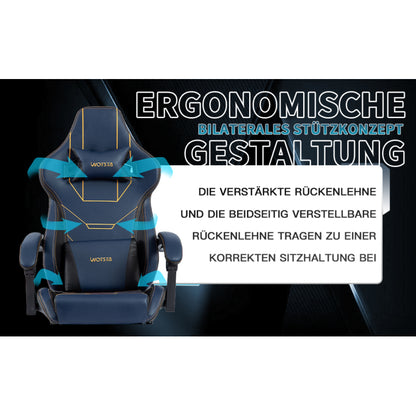 Gaming Stuhl Ergonomisch Gaming Chair Bürostuhl mit Fußstütze Racing Computerstuhl Höhenverstellbar Gepolstert Computerstuhl Lendenwirbelstütze Blau