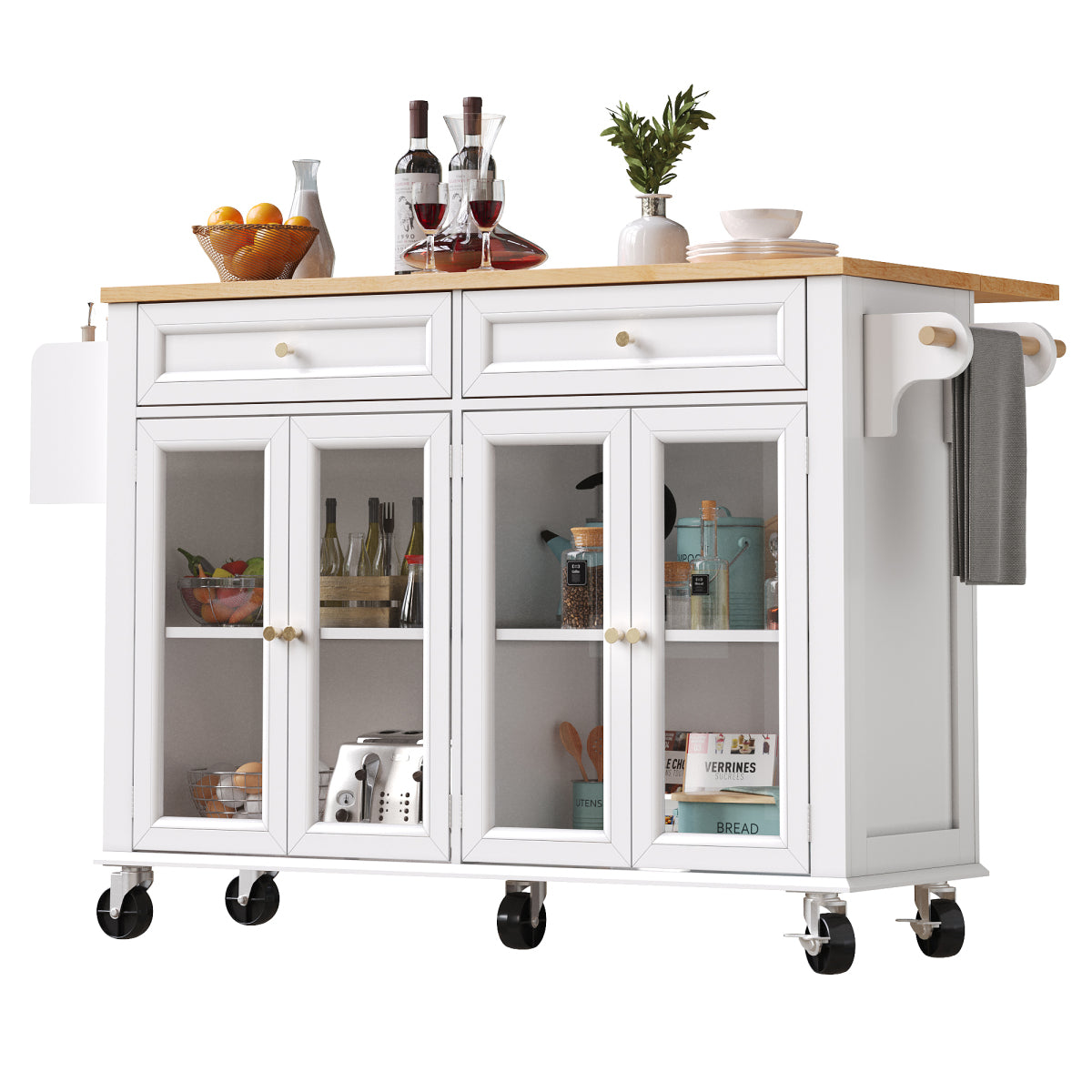 Kücheninsel mit Rollen & Glastüren, klappbare Arbeitsplatte, mobiler Servierwagen mit Schublade & Regal, Küchenwagen Weiß & Holzoptik