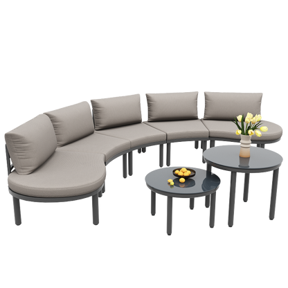 Gartenmöbel-Set (5-Sitzer), 2 Couchtische aus gehärtetem Glas, verzinkter Eisenrahmen, bequeme Gartenmöbel mit grauen Sitzpolstern und Kissen, mit verstellbaren Beinen, elegantes abgerundetes Sofa