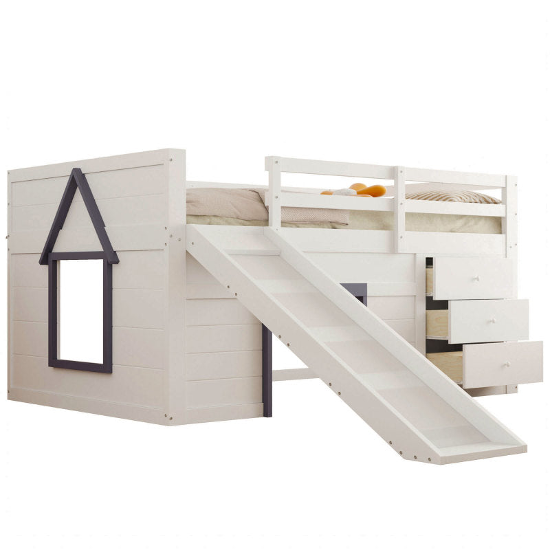 140 x 200 niedriges Hochbett mit Rutsche, drei Schubladen und zwei Türen, Creme