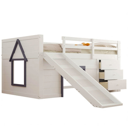 140 x 200 niedriges Hochbett mit Rutsche, drei Schubladen und zwei Türen, Creme