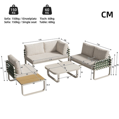 Garten Lounge Set (4-5 Sitzer), Grünes Leder Rattan Gartenmöbel Set, Modernes Outdoor Sofa Set inkl. aller Sitz- und Rückenkissen, Balkonset, Garten und Terrasse, Aprikose