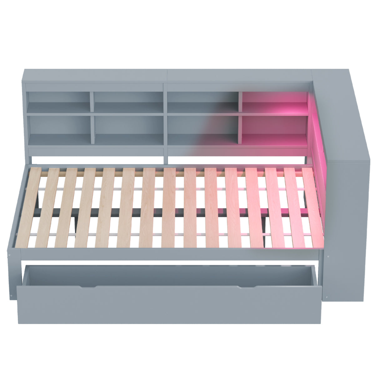 Massivholz-Doppelbett 140x200 Weiß mit LED & USB - Multifunktionales Sofa-Bett mit großen Schubladen, Ablagefächern & viel Stauraum, Grau