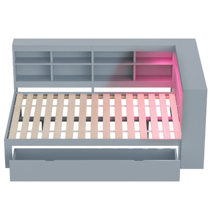 Massivholz-Doppelbett 140x200 Weiß mit LED & USB - Multifunktionales Sofa-Bett mit großen Schubladen, Ablagefächern & viel Stauraum, Grau