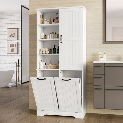 78 x 35 x 172 cm Badezimmerschrank, feuchtigkeitsbeständige Farbe, doppelter Wäschekorb, vier offene Fächer, eine Tür, drei Fächer in der Tür, verstellbare Regale, viel Stauraum, weiß