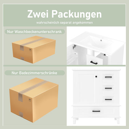 76x46x83,5cm Bodenstehender Badezimmerschrank mit Waschbecken, Waschtisch, komplett lackiert, Türregal, drei geräuschlose Schubladen, integriertes Keramikwaschbecken, weiß