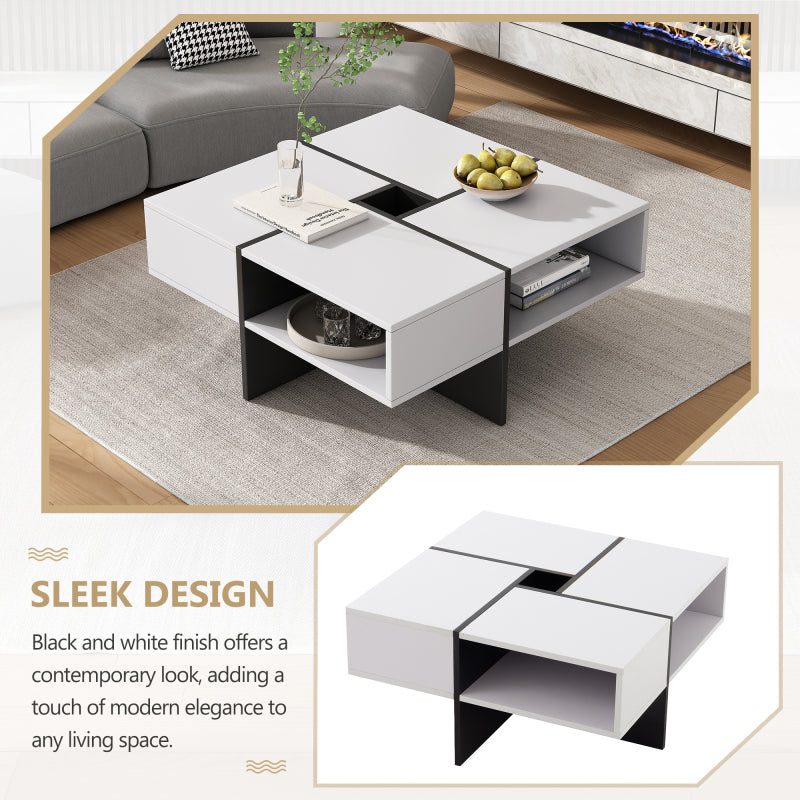 Moderner quadratischer Couchtisch 70x70x35cm – Schwarz-Weiß Design, 5 offene Fächer, mittleres Staufach 10x10cm, stabiler 30KG Tragkraft,Weißer quadratischer Couchtisch
