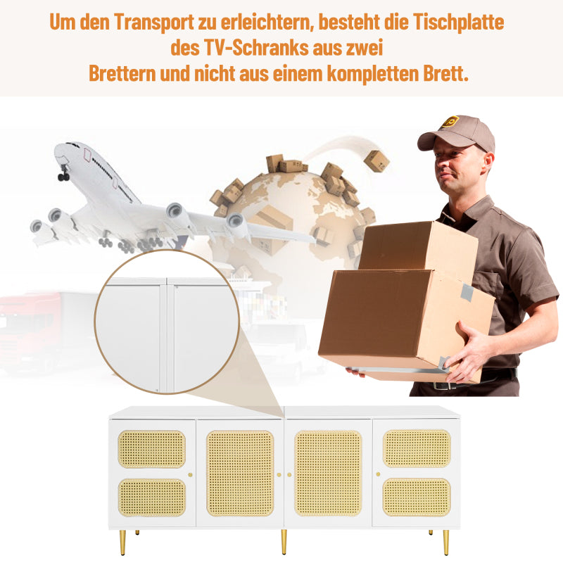 Eleganter Weißer Rattan-TV-Schrank 180x40x72 cm - Mit 4 Rattantüren, Höhenverstellbaren Regalen und Kabelmanagement, Für bis zu 80 Zoll Fernseher,TV-Schränke,Lowboards