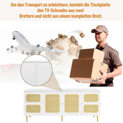 Eleganter Weißer Rattan-TV-Schrank 180x40x72 cm - Mit 4 Rattantüren, Höhenverstellbaren Regalen und Kabelmanagement, Für bis zu 80 Zoll Fernseher,TV-Schränke,Lowboards