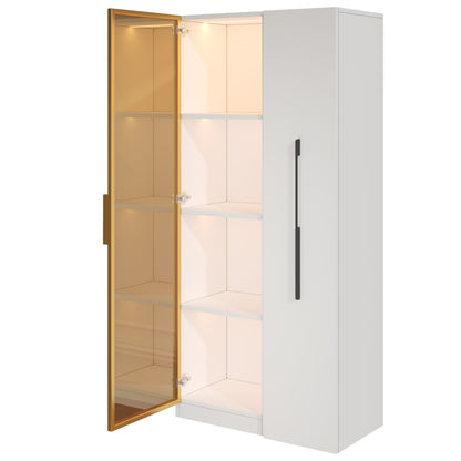 Vitrine 70x40x160cm mit LED-Beleuchtung & Seitenauszug - Weißer Glasschrank mit bernsteinfarbenem Glas, Gold-Akzenten & Rollen
