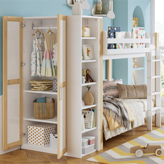 Etagenbett, Kinderbett mit Fallschutz und Gitter, mit 4-stufiger Leiter, 6 offenen Regalen, Kleiderschrank seitlich, Reichlich Stauraum,  Kiefer+PB, Weiß+Natur,  90x200cm