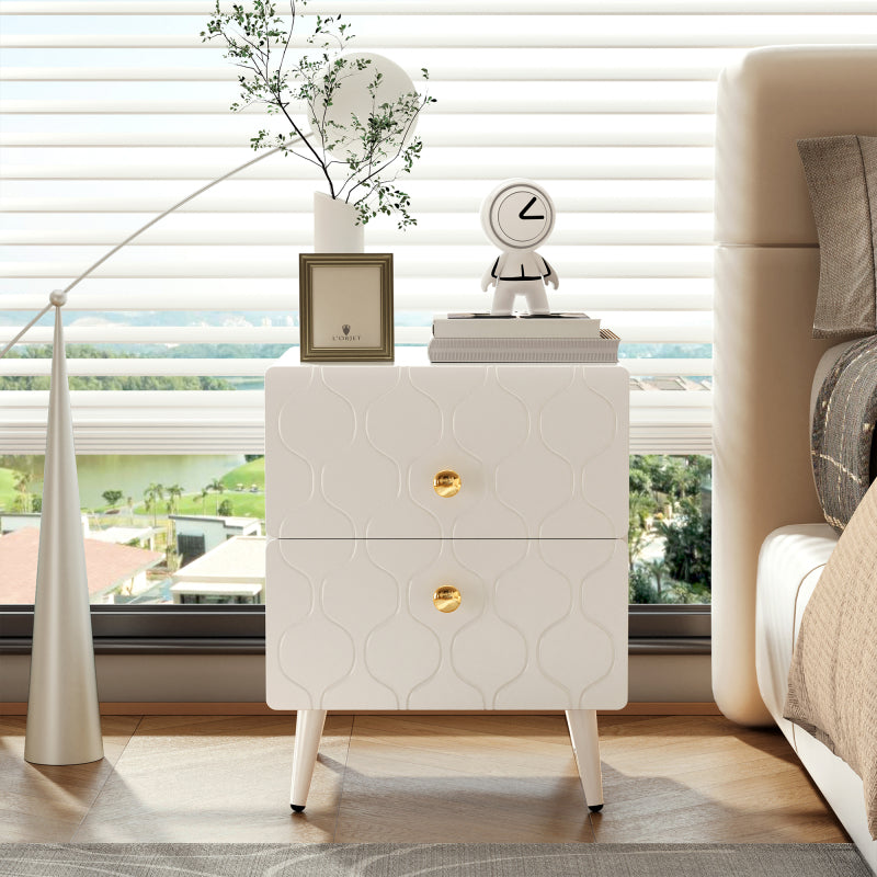 Moderner Nachttisch, vergoldete Griffe, Wellenmuster, 2er-Set, mit 2 Schubladen, lackiert, Ecken mit stoßfestem Design, 39,5 B*40 T*50 H cm, Weiß