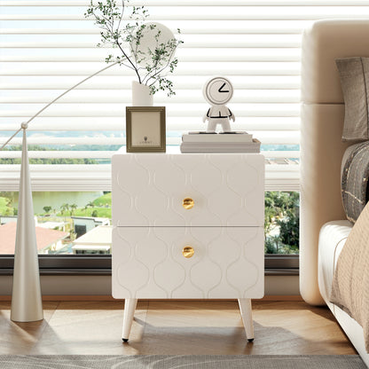 Moderner Nachttisch, vergoldete Griffe, Wellenmuster, 2er-Set, mit 2 Schubladen, lackiert, Ecken mit stoßfestem Design, 39,5 B*40 T*50 H cm, Weiß