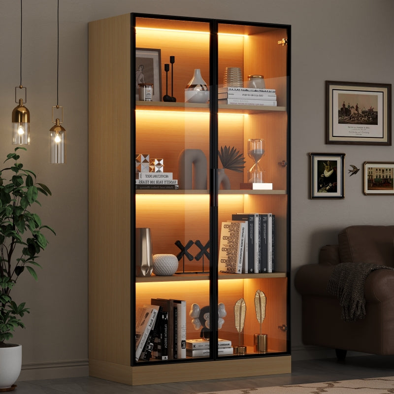 Glasvitrine, Eiche-Optik, 70×40×160 cm: LED-beleuchteter Vitrinenschrank mit gehärtetem Glas und Einlegeböden, ideal für Sammlungen, Bücher und Wein.