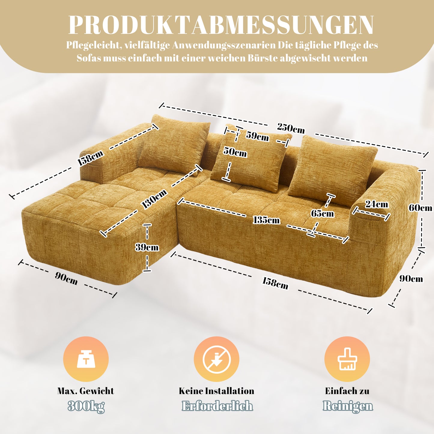 Modernes Sektionssofa, L-Sofa, 3-Sitzer-Sofa, keine Installation erforderlich, Chenille-Sofa mit Chaiselongue und Armlehnen, 3 Kissen, Seitentasche für Fernbedienung, Gelb