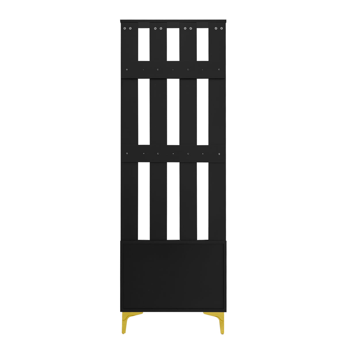 Hoher Garderobenschrank mit Wellentüren, Push-to-Open, verstellbaren Regalen & Goldakzenten, Schwarz, 60,5×35,2×180,5 cm