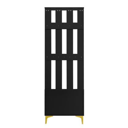 Hoher Garderobenschrank mit Wellentüren, Push-to-Open, verstellbaren Regalen & Goldakzenten, Schwarz, 60,5×35,2×180,5 cm